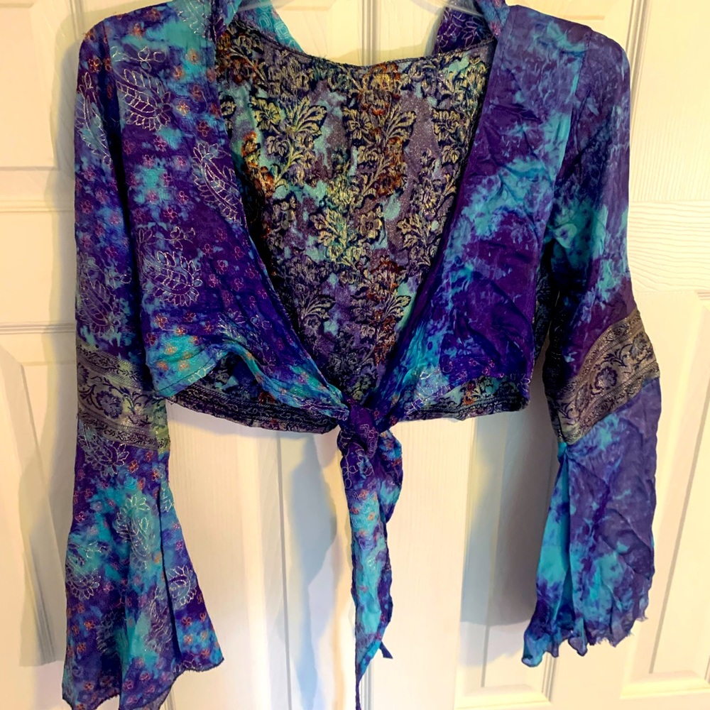 Gorgeous boutique long sleeve silk hooded Boho festival top